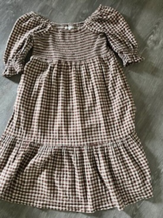 Madewell Lucie Elbow-Sleeve Smocked Gingham Midi Dress Two Pockets Women's M - Picture 13 of 15